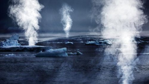 Image: Icy waters, rising steam, gas jets via Shutterstock; Edited: JR/TO